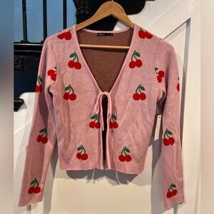 Women’s Nikka k Pink Cherry Print Open Front Cardigan Sweater Long Sleeve Medium